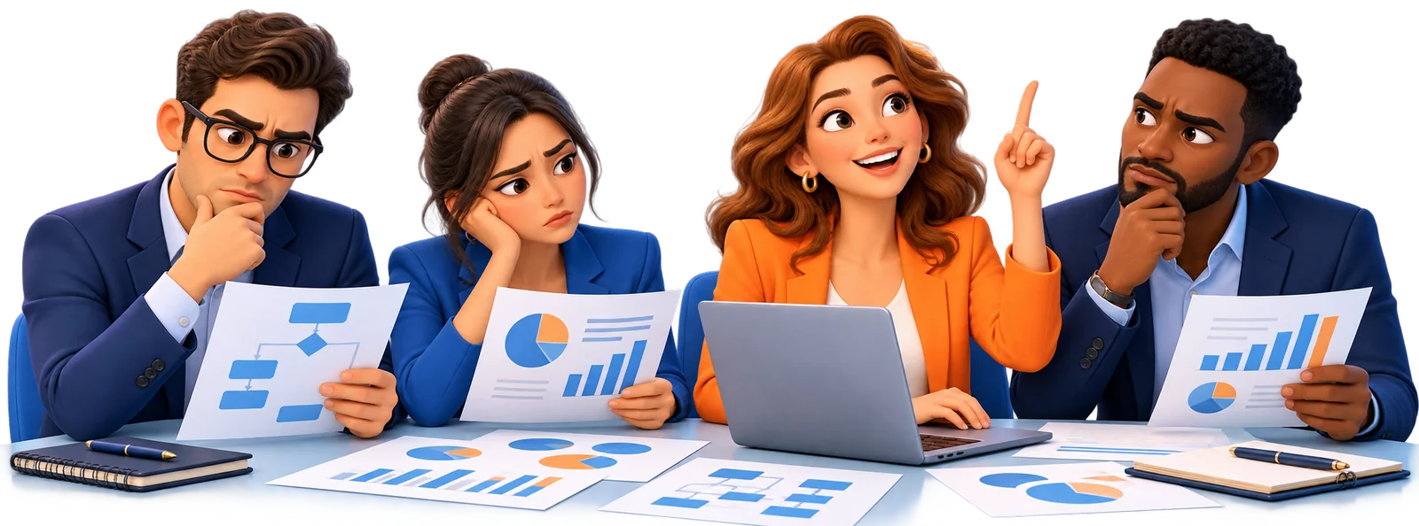 Four colleagues review charts around a table while one raises a hand with an idea